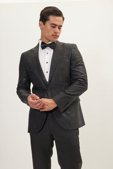 Men's GLITTER PAISLEY PEAK LAPEL TUXEDO JACKET - BLACK | Ron Tomson