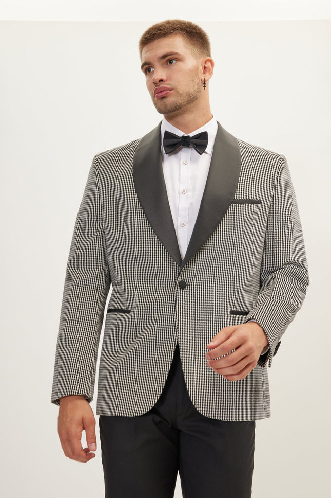 Men's Italian Velvet Shawl Lapel Tuxedo Jacket - Black White | Ron Tomson