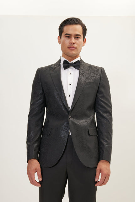 Men's GLITTER PAISLEY PEAK LAPEL TUXEDO JACKET - BLACK | Ron Tomson