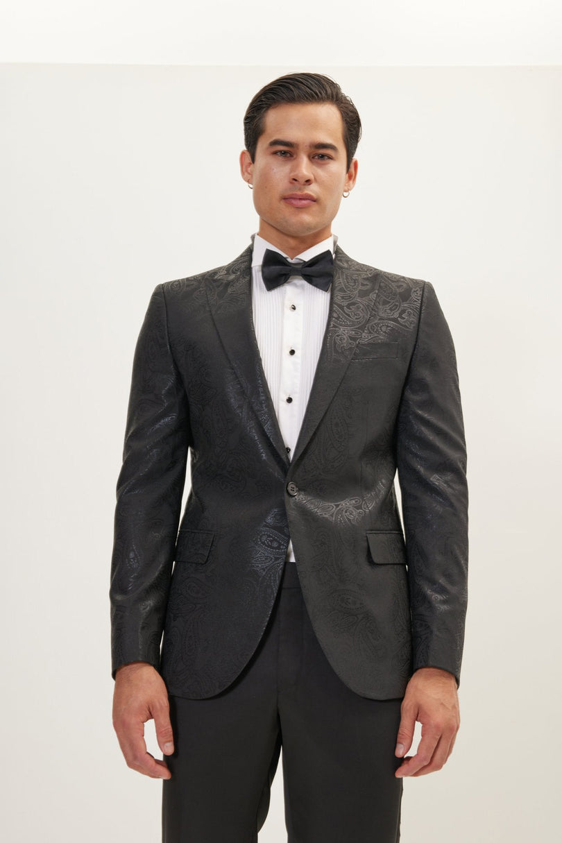 Men's GLITTER PAISLEY PEAK LAPEL TUXEDO JACKET - BLACK | Ron Tomson