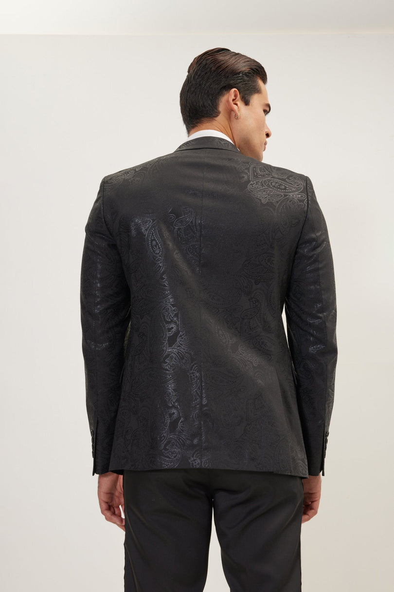 Men's GLITTER PAISLEY PEAK LAPEL TUXEDO JACKET - BLACK | Ron Tomson