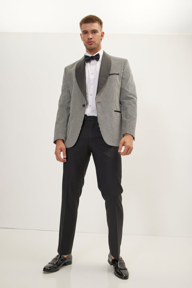 Men's Italian Velvet Shawl Lapel Tuxedo Jacket - Black White | Ron Tomson