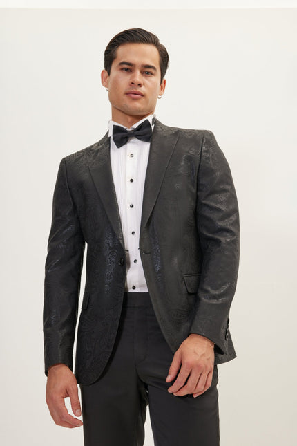 Men's GLITTER PAISLEY PEAK LAPEL TUXEDO JACKET - BLACK | Ron Tomson