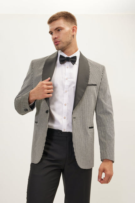 Men's Italian Velvet Shawl Lapel Tuxedo Jacket - Black White | Ron Tomson