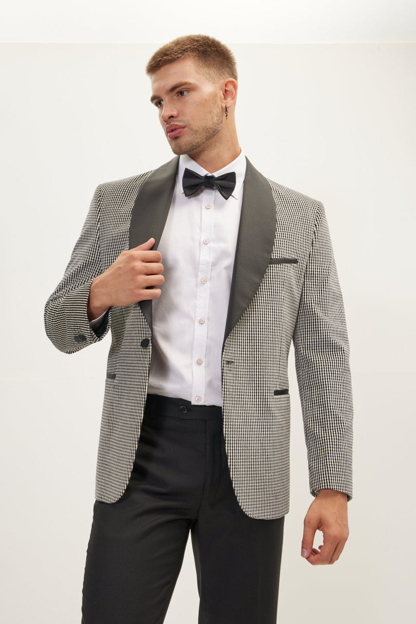 Men's Italian Velvet Shawl Lapel Tuxedo Jacket - Black White | Ron Tomson