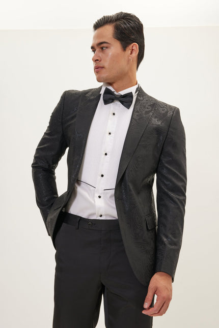 Men's GLITTER PAISLEY PEAK LAPEL TUXEDO JACKET - BLACK | Ron Tomson