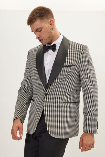 Men's Italian Velvet Shawl Lapel Tuxedo Jacket - Black White | Ron Tomson