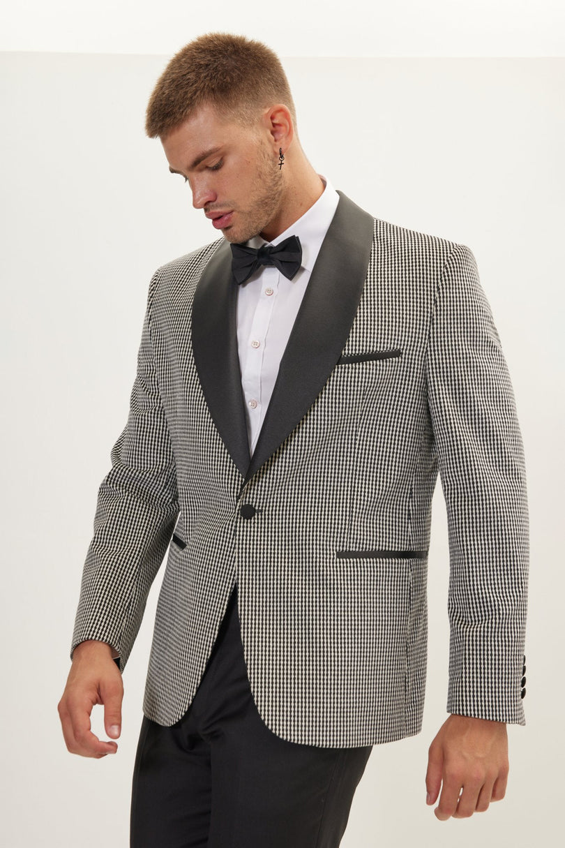 Men's Italian Velvet Shawl Lapel Tuxedo Jacket - Black White | Ron Tomson