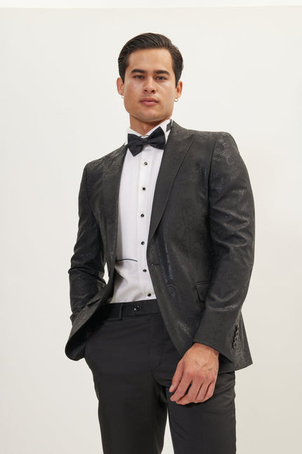 Men's GLITTER PAISLEY PEAK LAPEL TUXEDO JACKET - BLACK | Ron Tomson