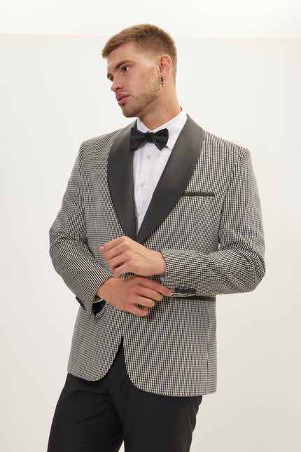 Men's Italian Velvet Shawl Lapel Tuxedo Jacket - Black White | Ron Tomson