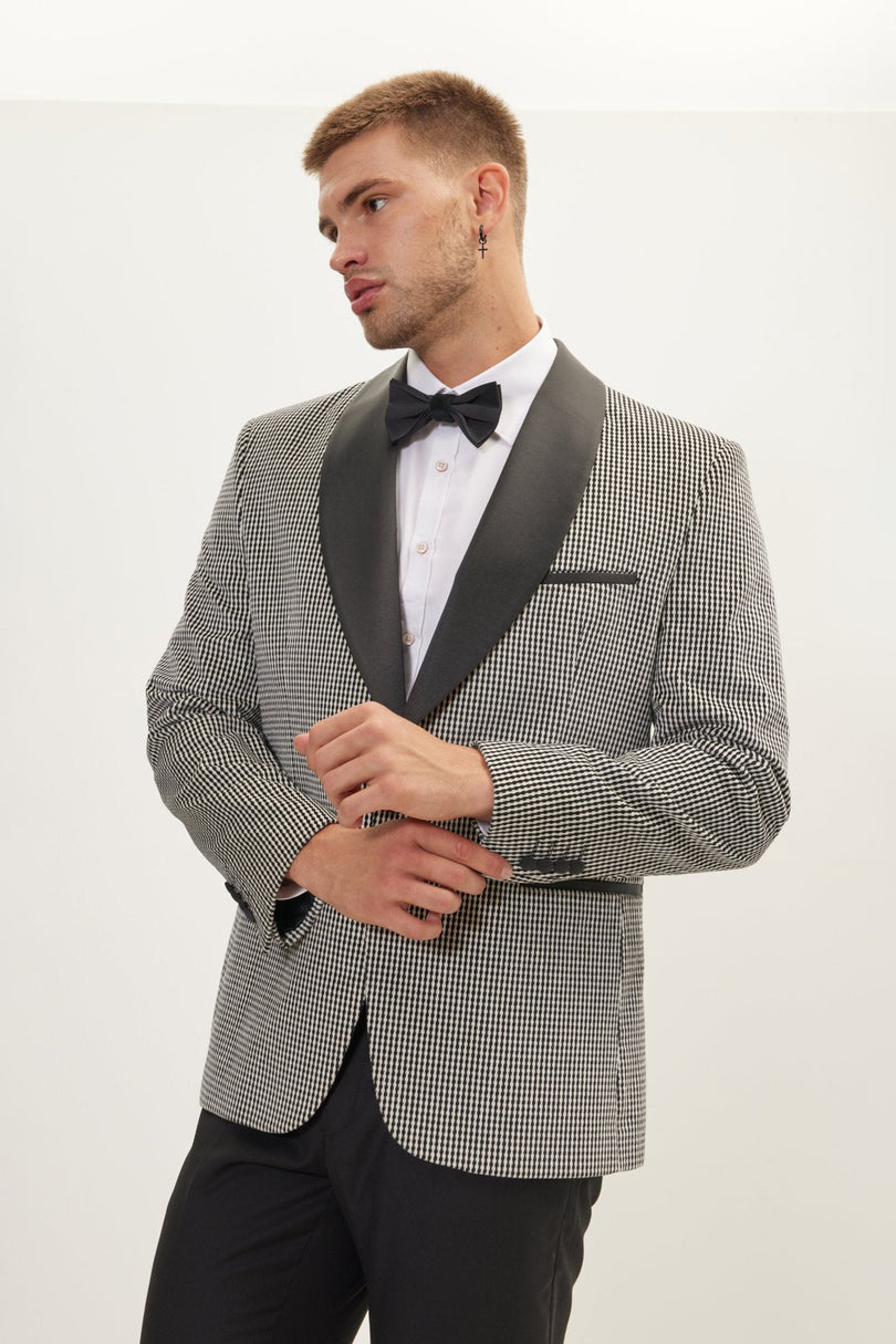Men's Italian Velvet Shawl Lapel Tuxedo Jacket - Black White | Ron Tomson