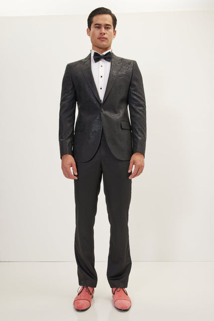 Men's GLITTER PAISLEY PEAK LAPEL TUXEDO JACKET - BLACK | Ron Tomson