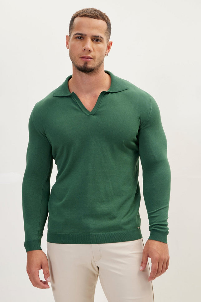Men's Johnny Collar Knit Polo Sweater - Green | Ron Tomson
