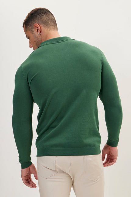 Men's Johnny Collar Knit Polo Sweater - Green | Ron Tomson