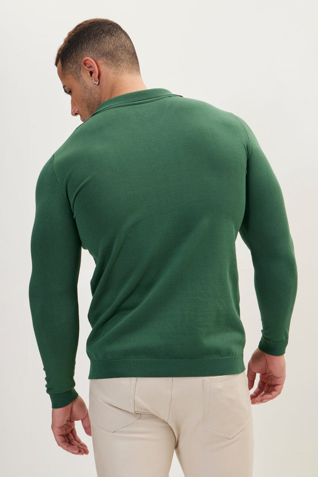 Men's Johnny Collar Knit Polo Sweater - Green | Ron Tomson