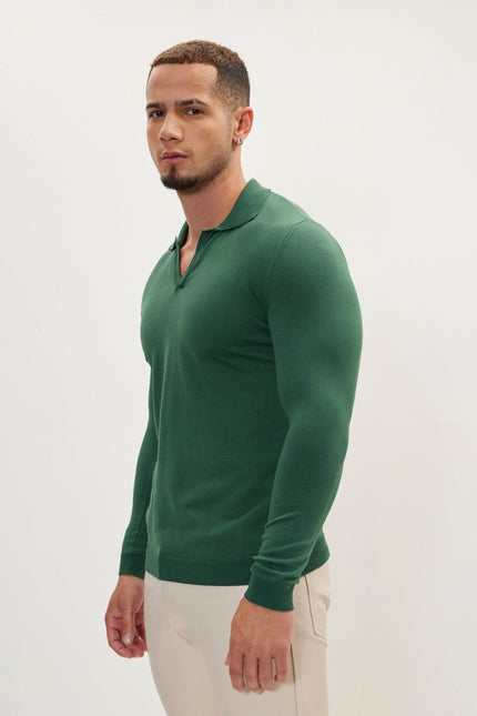 Men's Johnny Collar Knit Polo Sweater - Green | Ron Tomson