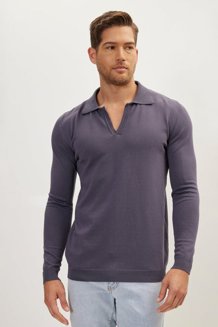 Men's Johnny Collar Knit Polo Sweater - Anthracite | Ron Tomson