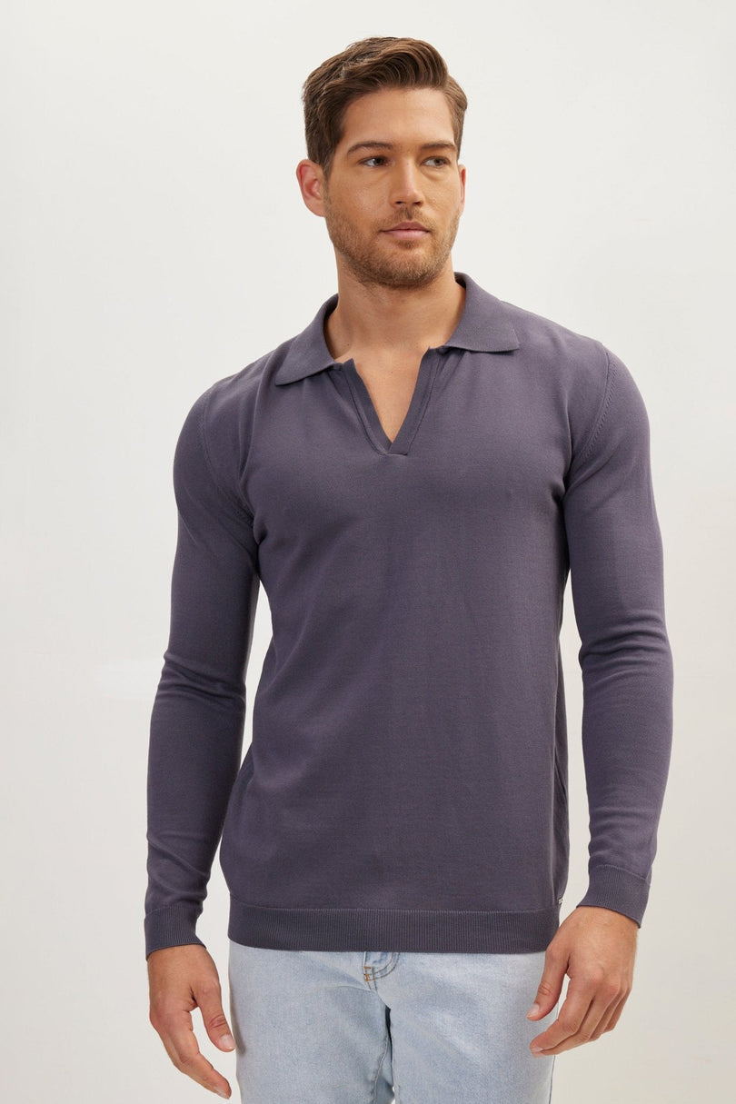 Men's Johnny Collar Knit Polo Sweater - Anthracite | Ron Tomson