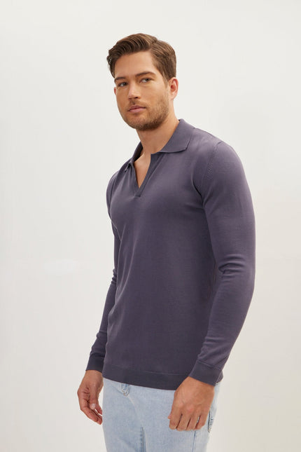 Men's Johnny Collar Knit Polo Sweater - Anthracite | Ron Tomson