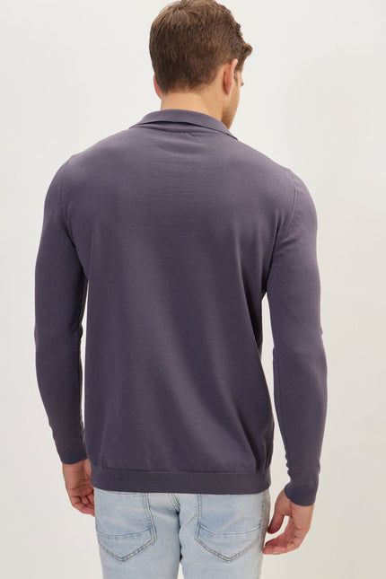 Men's Johnny Collar Knit Polo Sweater - Anthracite | Ron Tomson