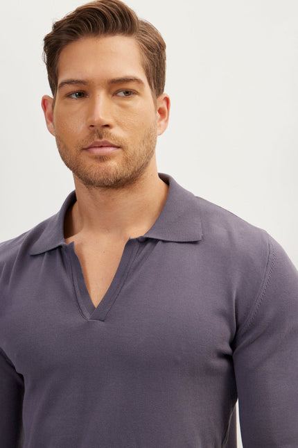 Men's Johnny Collar Knit Polo Sweater - Anthracite | Ron Tomson