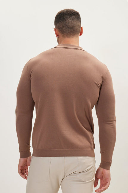 Men's Johnny Collar Knit Polo Sweater - Brown | Ron Tomson