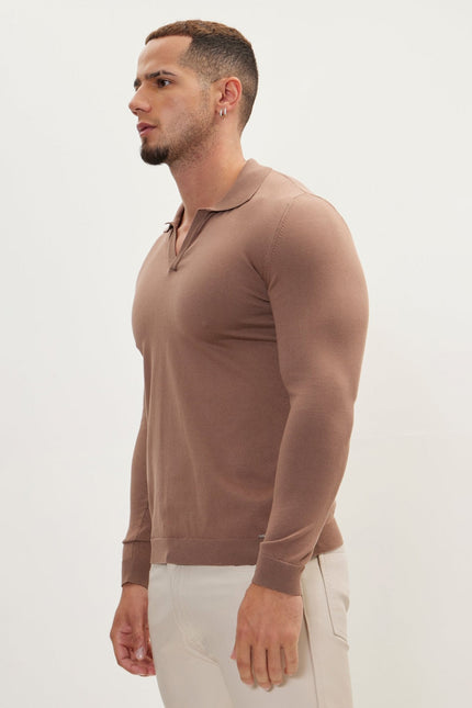Men's Johnny Collar Knit Polo Sweater - Brown | Ron Tomson