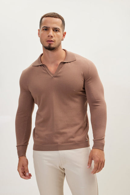 Men's Johnny Collar Knit Polo Sweater - Brown | Ron Tomson