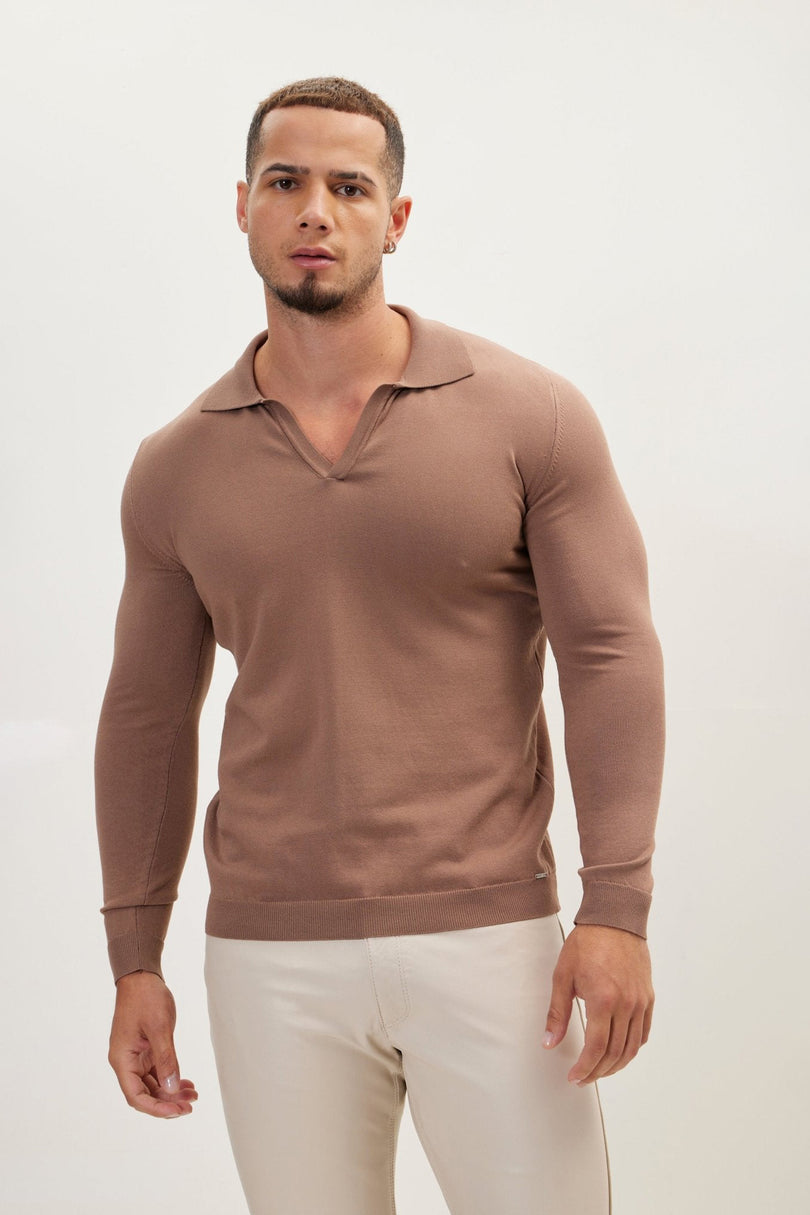 Men's Johnny Collar Knit Polo Sweater - Brown | Ron Tomson