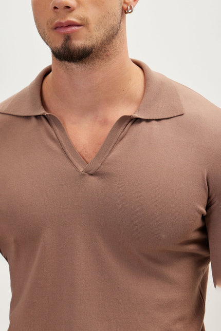 Men's Johnny Collar Knit Polo Sweater - Brown | Ron Tomson