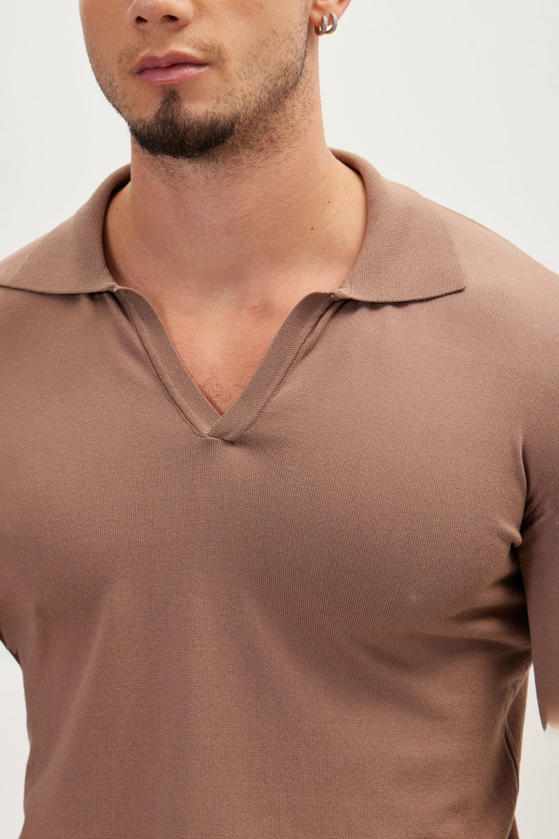 Men's Johnny Collar Knit Polo Sweater - Brown | Ron Tomson