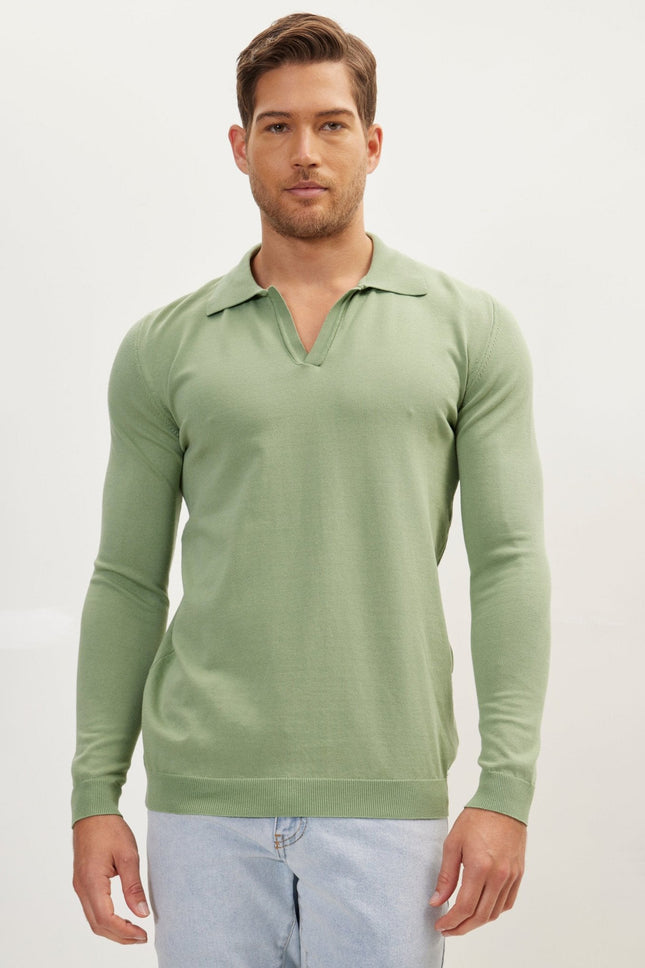 Men's Johnny Collar Knit Polo Sweater - Teal Green | Ron Tomson