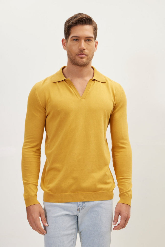 Men's Cotton Mandarin Collar Sweater Polo - Mustard | Ron Tomson