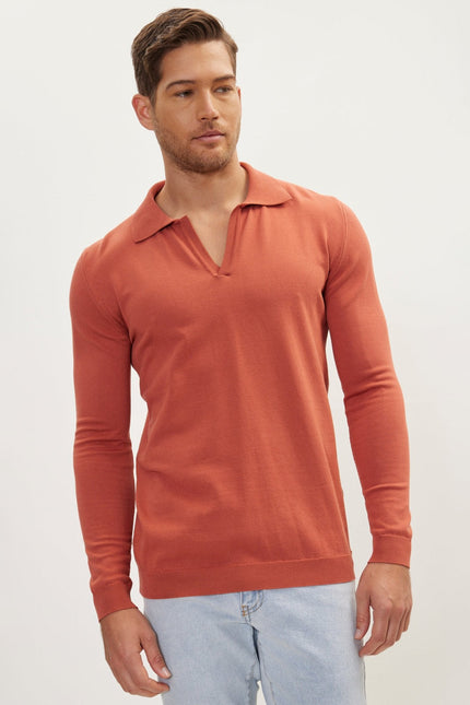 Men's Johnny Collar Knit Polo Sweater - Tile | Ron Tomson