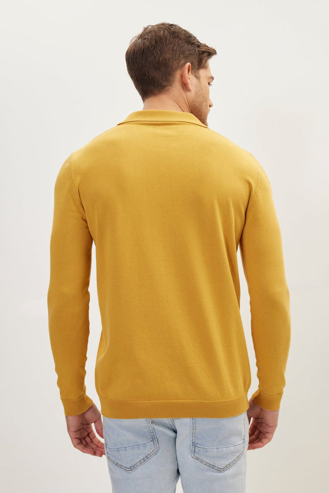 Men's Cotton Mandarin Collar Sweater Polo - Mustard | Ron Tomson