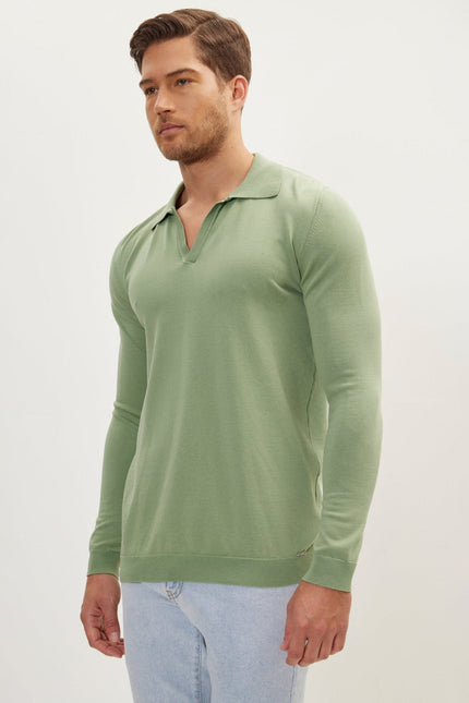 Men's Johnny Collar Knit Polo Sweater - Teal Green | Ron Tomson