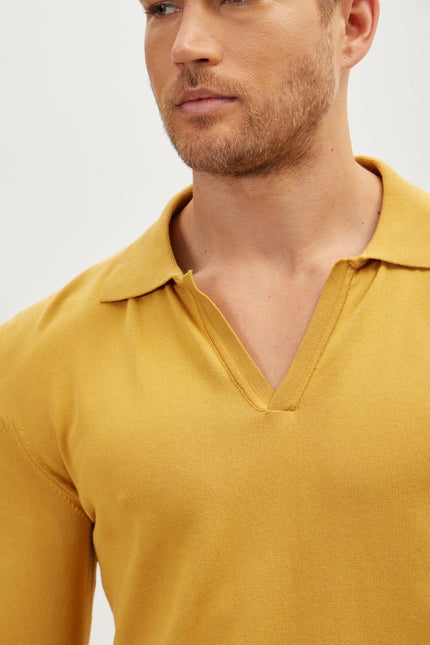 Men's Cotton Mandarin Collar Sweater Polo - Mustard | Ron Tomson