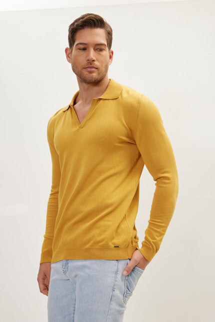 Men's Cotton Mandarin Collar Sweater Polo - Mustard | Ron Tomson