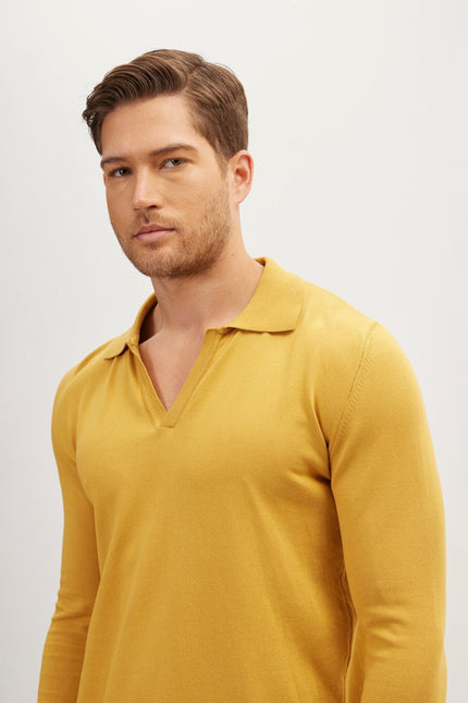 Men's Cotton Mandarin Collar Sweater Polo - Mustard | Ron Tomson