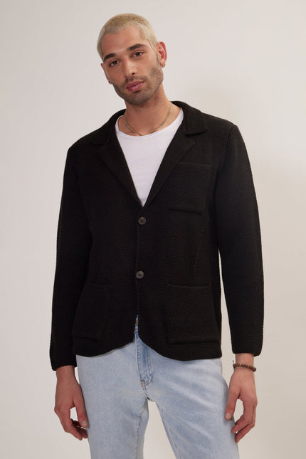 Men's Notch Lapel Cardigan - Black | Ron Tomson