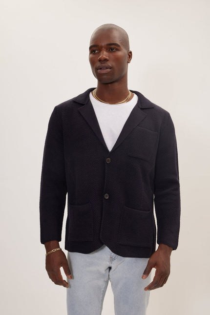 Men's Notch Lapel Cardigan - Navy | Ron Tomson