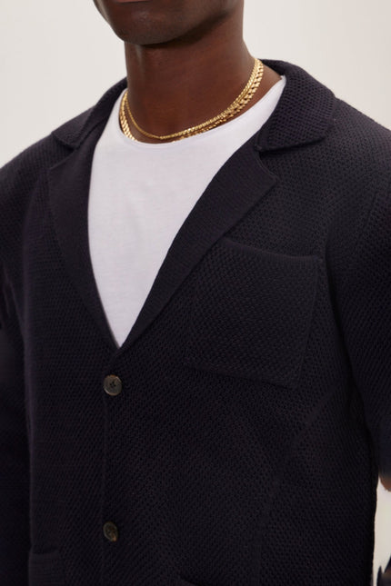 Men's Notch Lapel Cardigan - Navy | Ron Tomson