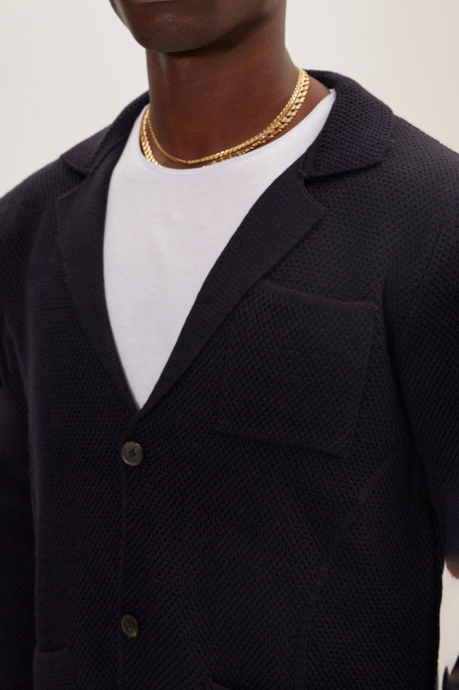 Men's Notch Lapel Cardigan - Navy | Ron Tomson