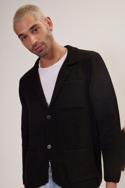 Men's Notch Lapel Cardigan - Black | Ron Tomson