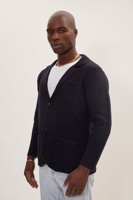 Men's Notch Lapel Cardigan - Navy | Ron Tomson