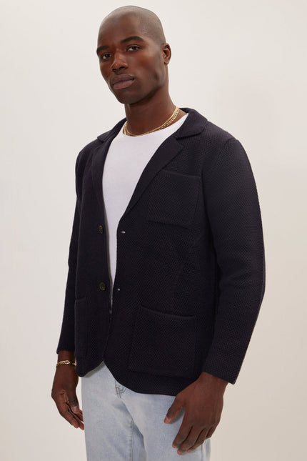 Men's Notch Lapel Cardigan - Navy | Ron Tomson