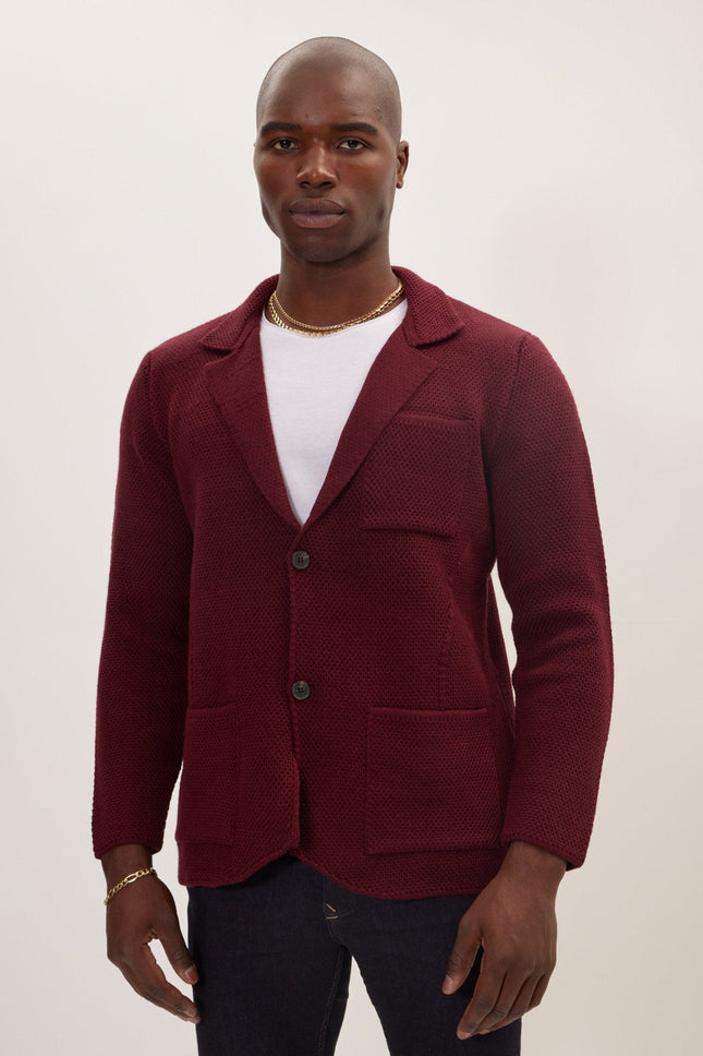 Men's Notch Lapel Cardigan - Burgundy | Ron Tomson