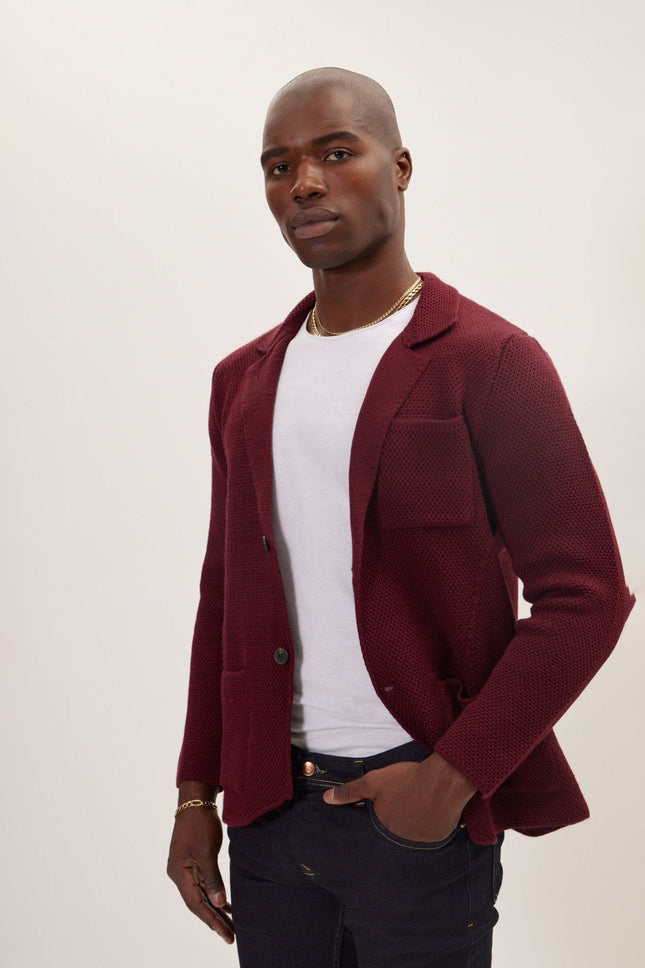 Men's Notch Lapel Cardigan - Burgundy | Ron Tomson