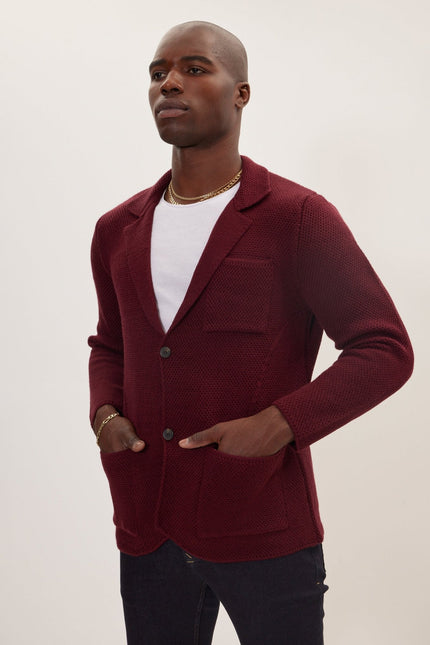 Men's Notch Lapel Cardigan - Burgundy | Ron Tomson