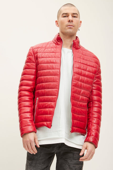 Men's Lambskin Leather Puffer Jacket - Red | Ron Tomson